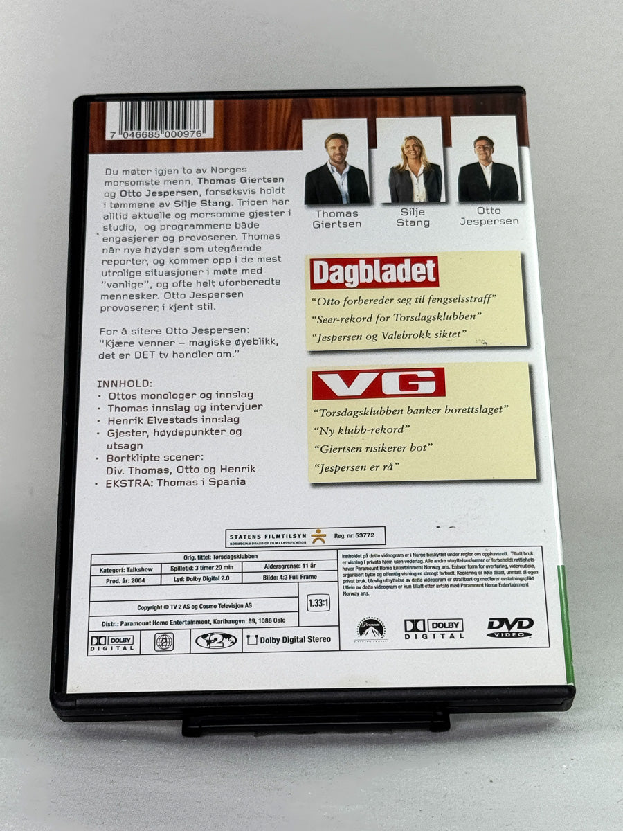 Torsdagsklubben Høydepunkter – bakside av DVD-cover, brukt norsk humor på DVD med episodeliste