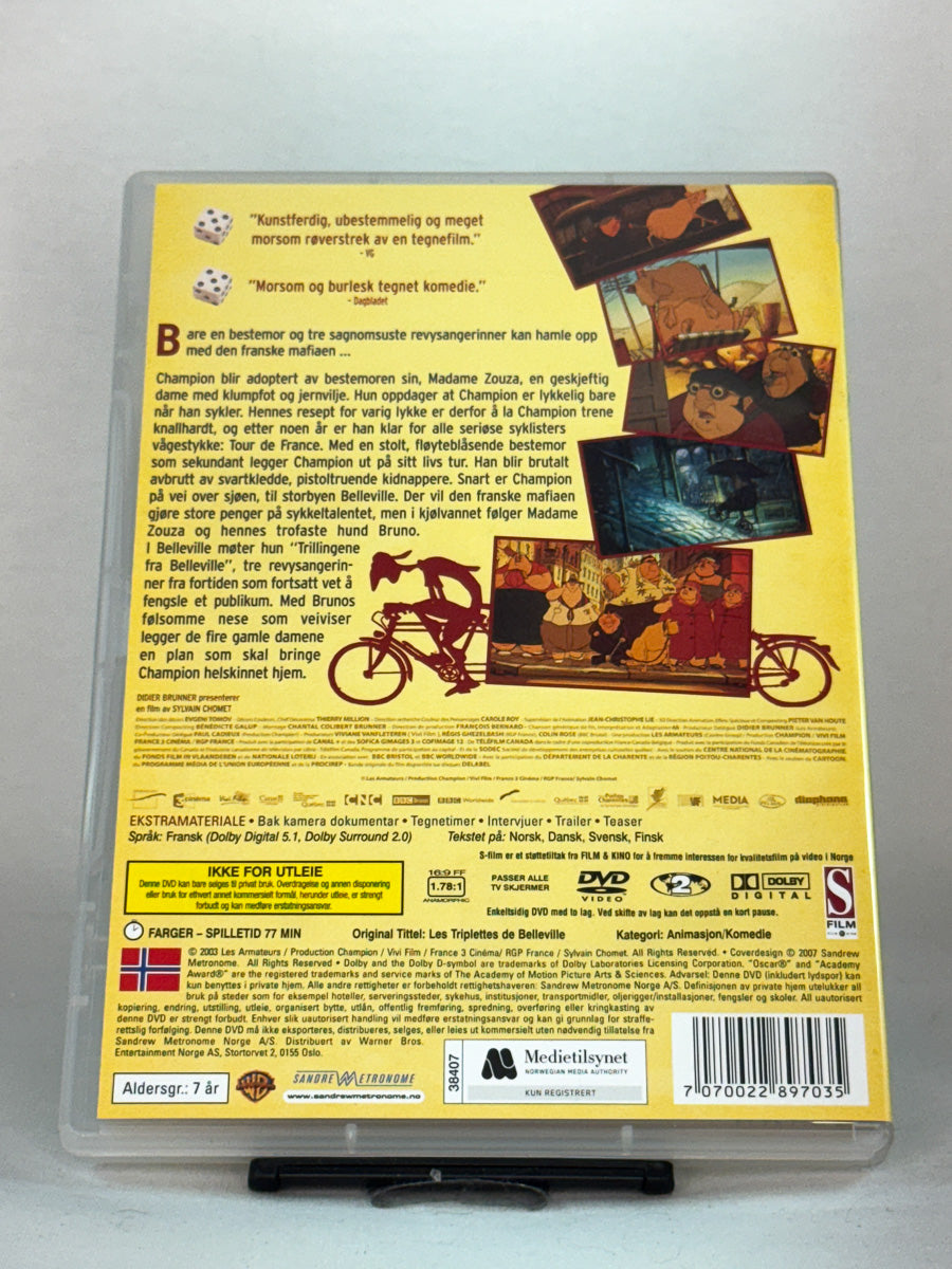 Bakside av DVD-cover til Trillingene fra Belleville – Cannes-utvalgt kultfilm med særpreg, musikk og absurd sjarm, brukt originalutgave på DVD hos Brukbar Film.