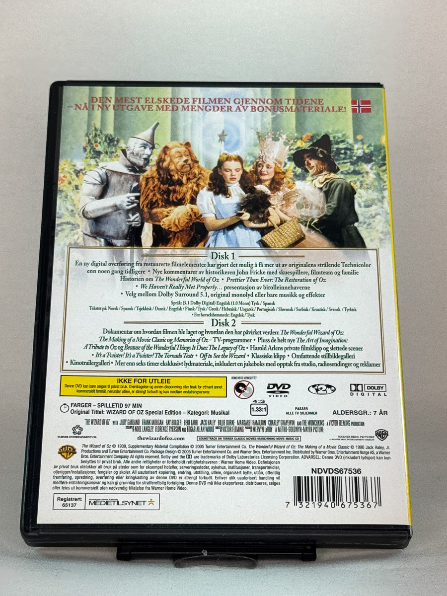 Bakside av DVD-cover til Trollmannen fra Oz (1939) – tidløs eventyrklassiker med Judy Garland som Dorothy – original brukt DVD-utgave tilgjengelig hos Brukbar Film.