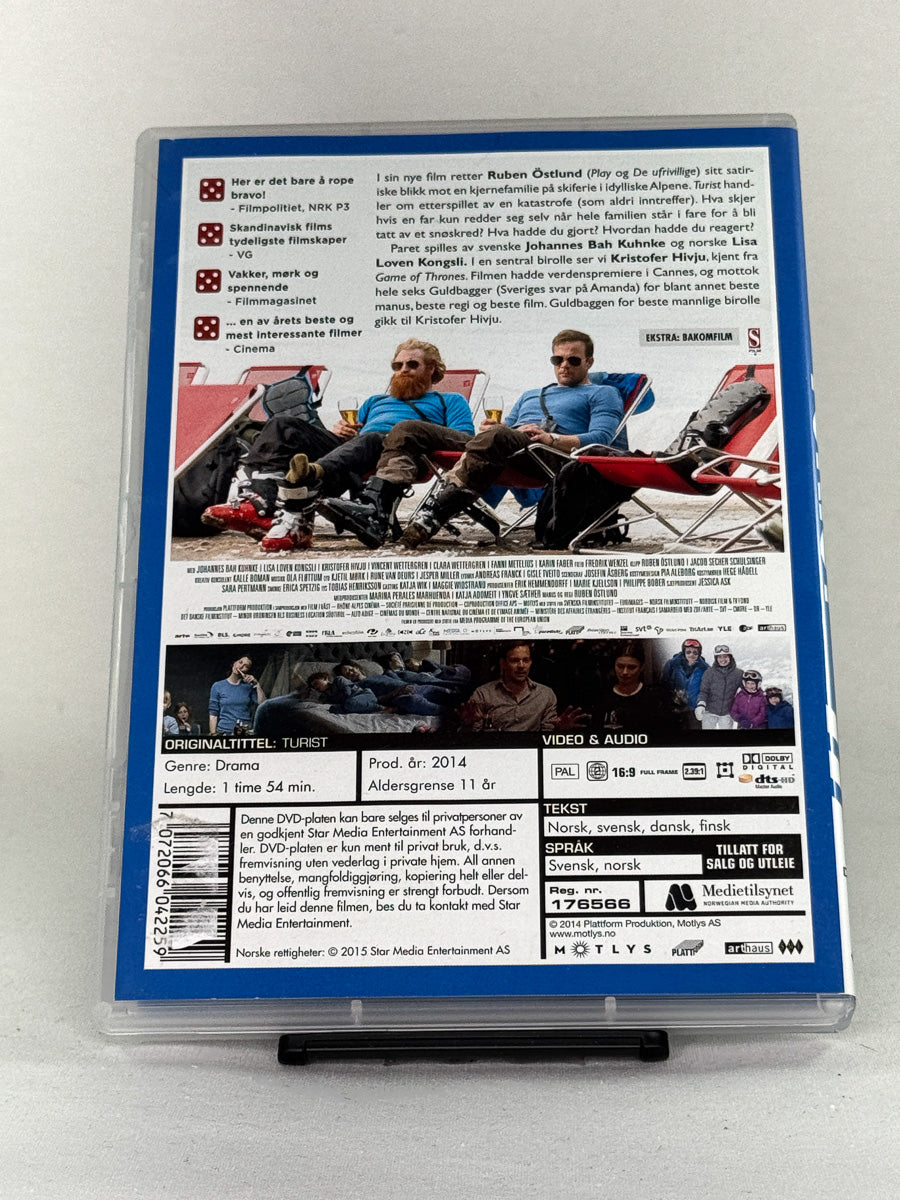 Bakside av DVD-cover for filmen Turist – brukt originalfilm på DVD, tilgjengelig hos Brukbar Film