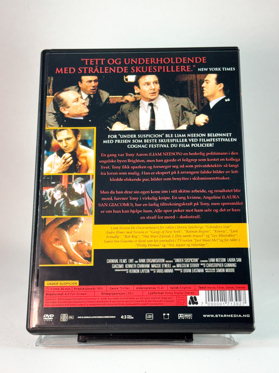 Bakside av cover til Under Suspicion, bruktfilm hos nettbutikken Brukbar Film
