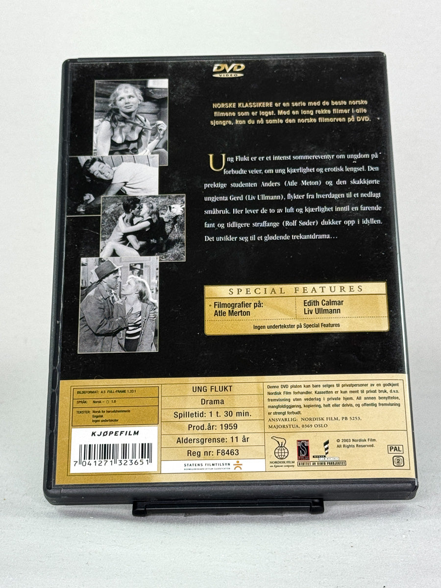 DVD-bakside til filmen Ung Flukt
Baksiden viser info, spesifikasjoner og eventuell ekstratekst – produktbilde fra nettbutikken Brukbar Film