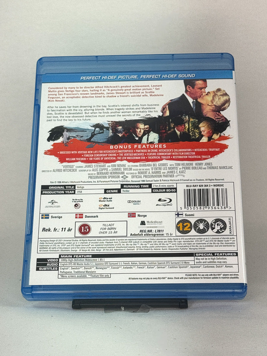 Bakside av Blu-ray-cover for Vertigo – klassisk thriller med tekniske detaljer og filmomtale, brukt film hos Brukbar Film.