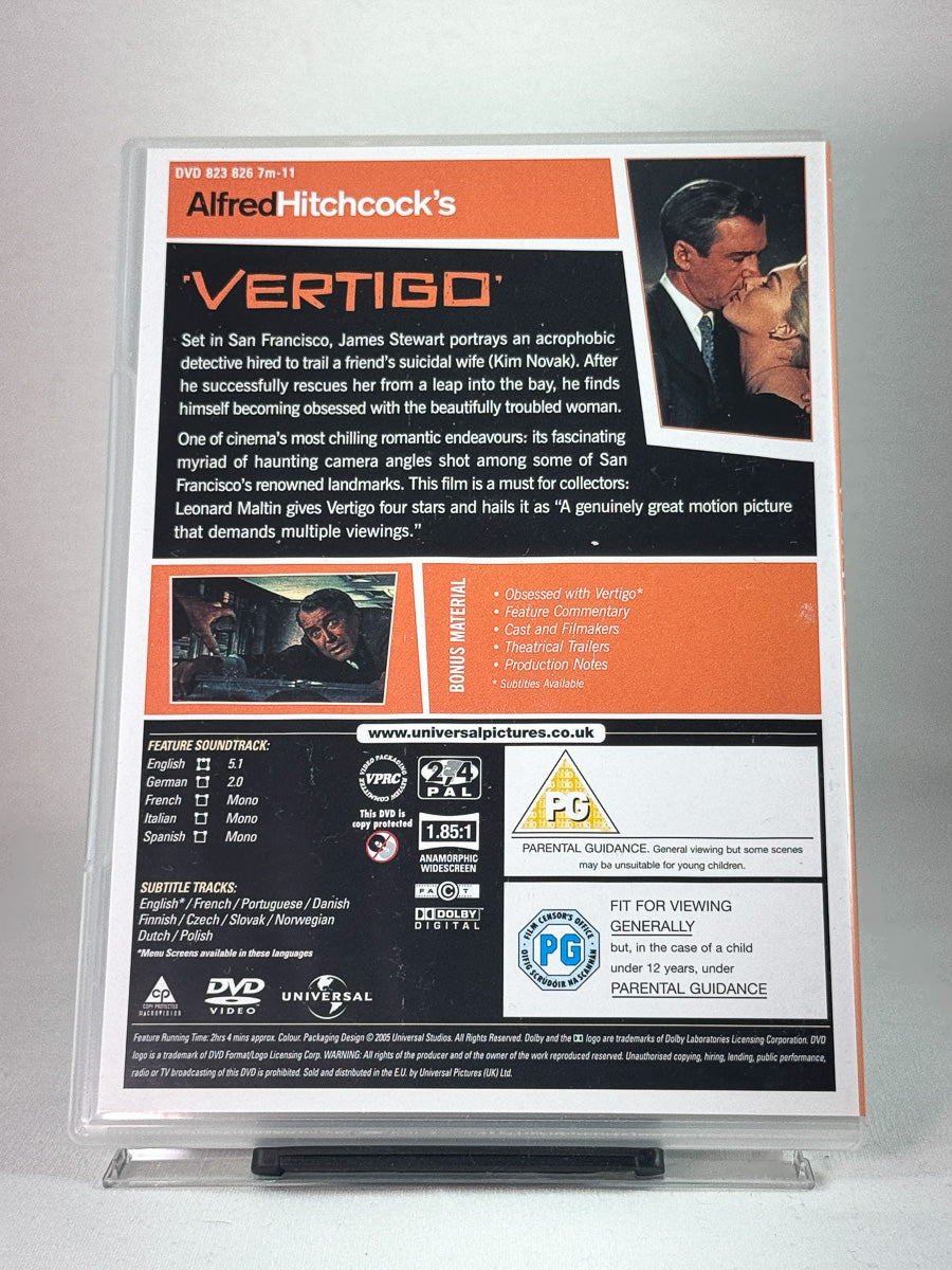 Bakside av DVD-cover for Vertigo – psykologisk mesterverk med tidløs visuell stil, brukt DVD hos Brukbar Film.