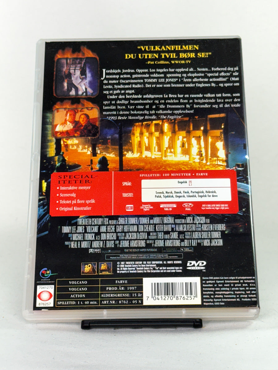Bakside av DVD-cover for filmen Volcano – brukt original actionfilm på DVD, tilgjengelig hos Brukbar Film