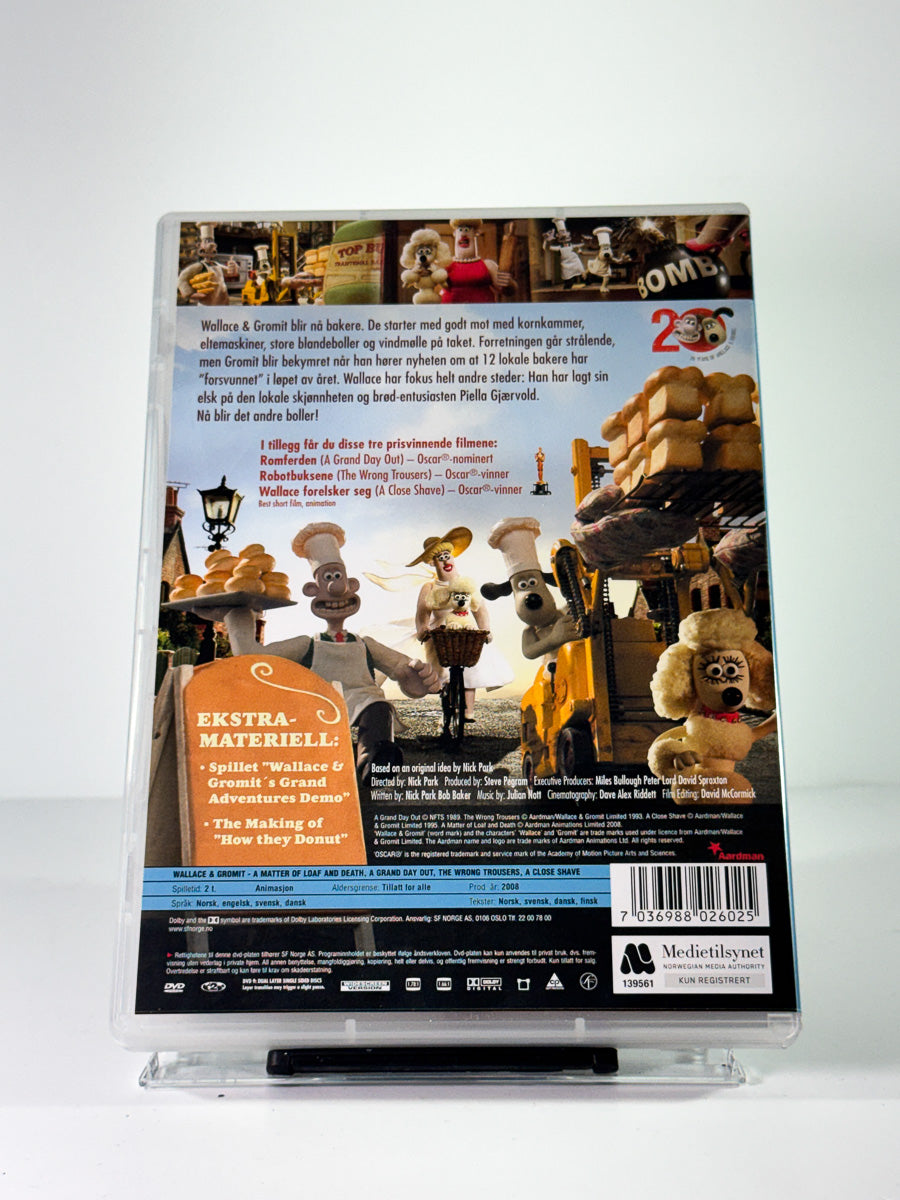 Bakside av cover til wallace and gromit den enes dod den annens brod, brukt DVD hos Brukbar Film