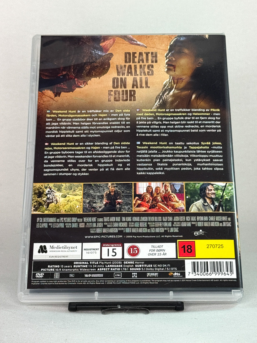 Bakside av DVD-cover til Weekend Hunt – skrekkfilm om jakten som går fryktelig galt, original brukt DVD-utgave tilgjengelig hos Brukbar Film.