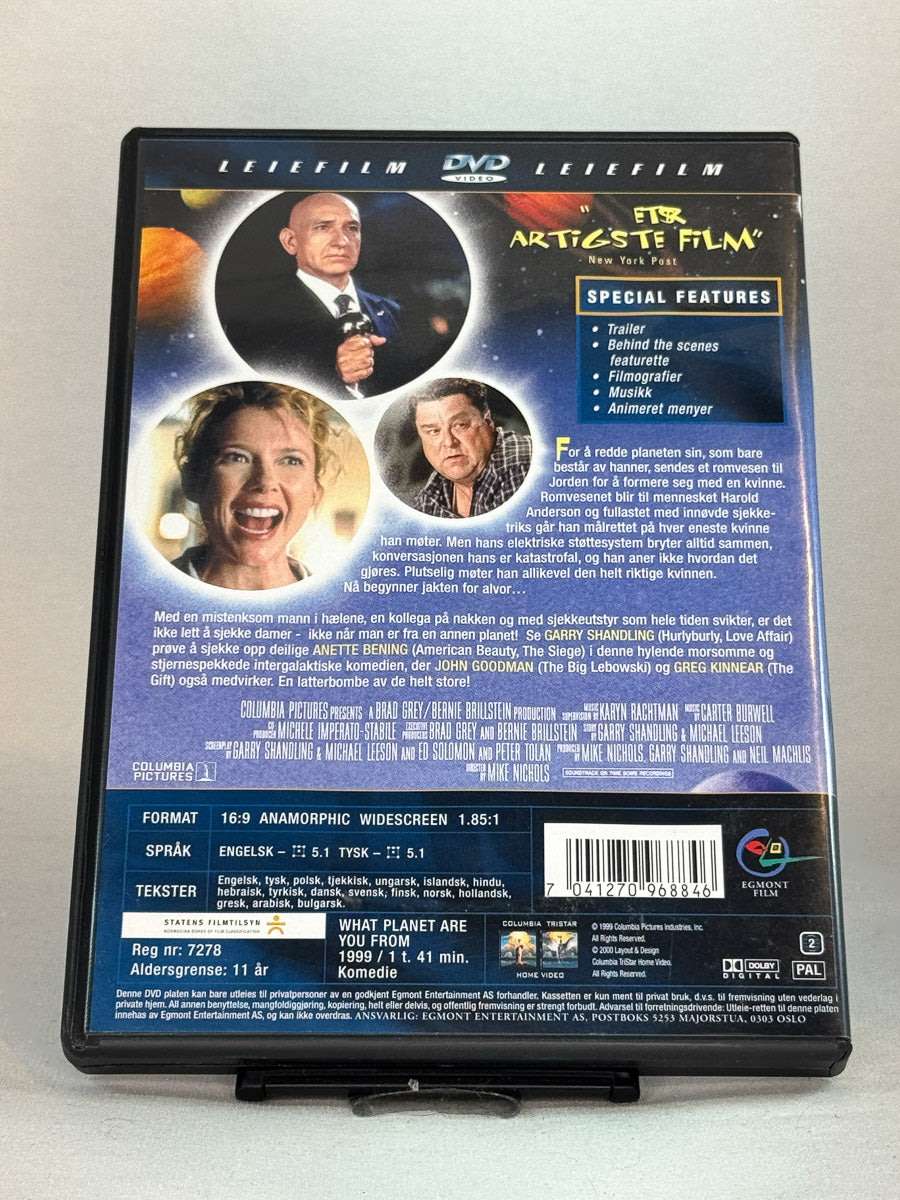 Bakside av DVD-cover for What Planet Are You From? – humor og romantikk i Mike Nichols’ satiriske komedie, brukt DVD hos Brukbar Film.