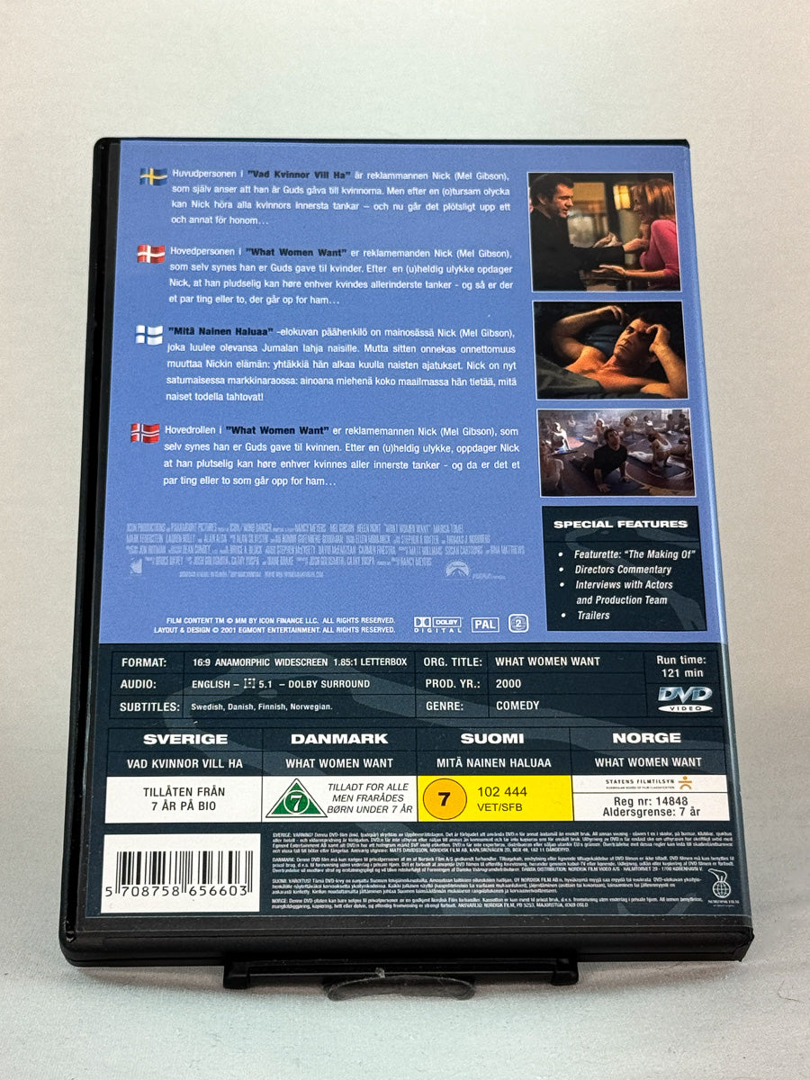 Bakside av DVD-cover til What Women Want – humor, kjærlighet og forviklinger i Nancy Meyers’ populære film, brukt originalutgave på DVD hos Brukbar Film.