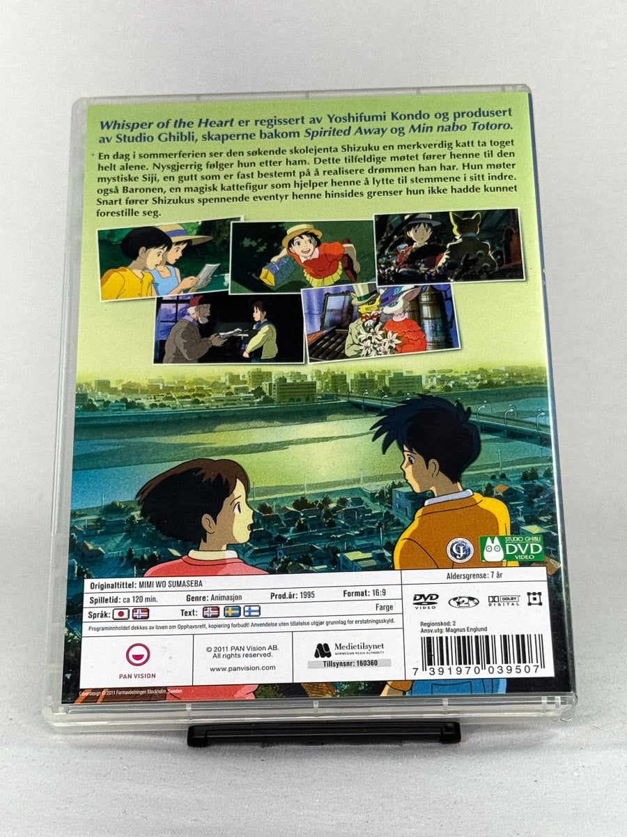Bakside av DVD-cover til Whisper of the Heart – japansk Studio Ghibli-klassiker med både norsk tale og originalspråk med norsk tekst, brukt DVD tilgjengelig hos Brukbar Film