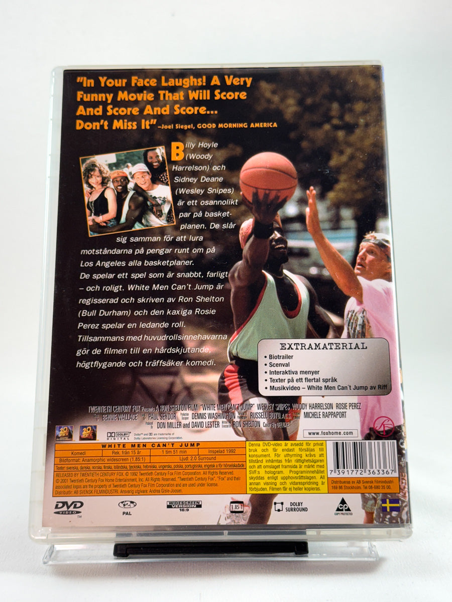 Bakside av cover til White Men Can’t Jump, bruktfilm på DVD hos Brukbar Film