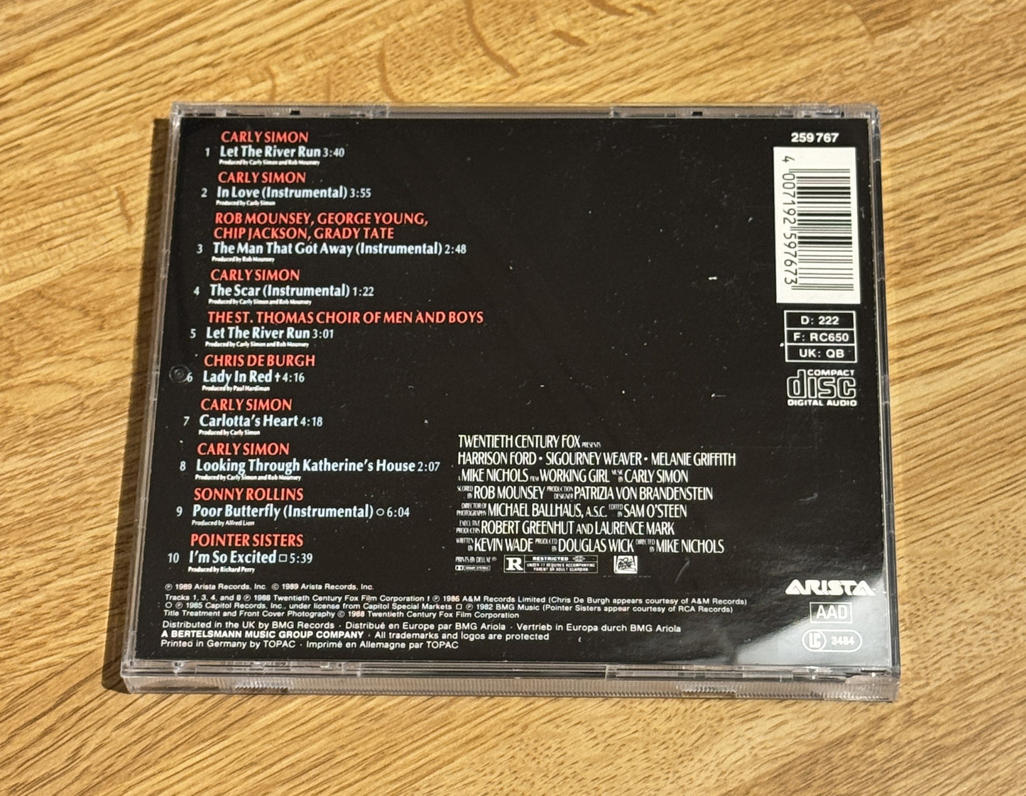 Bakside av cover til Working Girl, CD soundtrack fra film