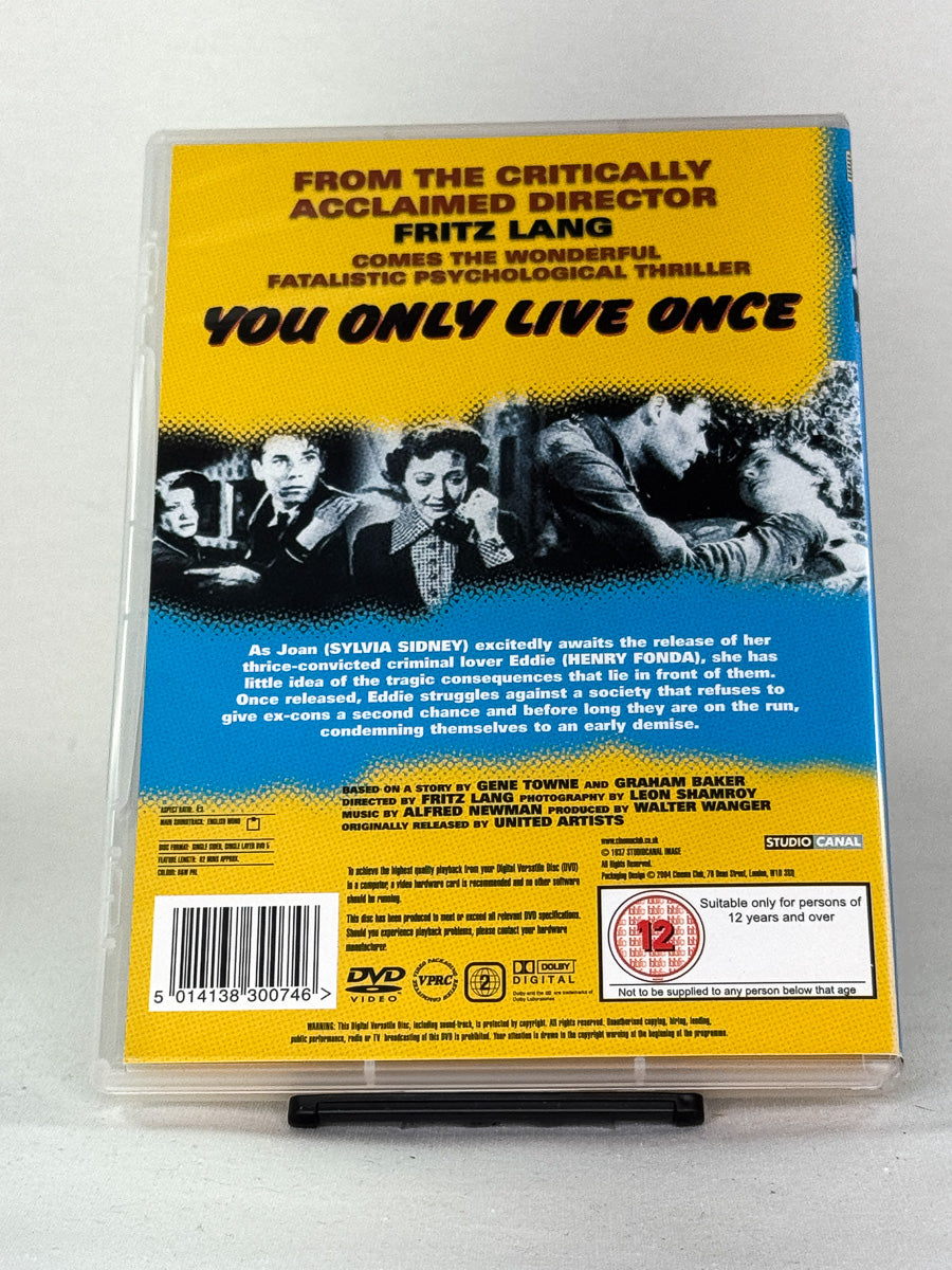 Bakside av DVD-cover til You Only Live Once – intens 30-talls noir om kjærlighet, flukt og urett, second hand DVD-film fra Brukbar Film.