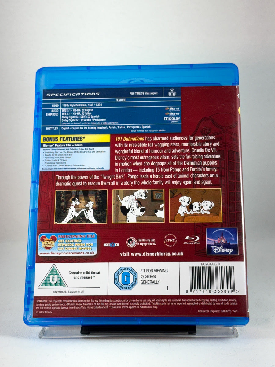 Bakside av Blu-ray-cover for 101 Dalmatians – original Disney-utgivelse i høy kvalitet, brukt barnefilm og familiefavoritt på Blu-ray hos Brukbar Film.