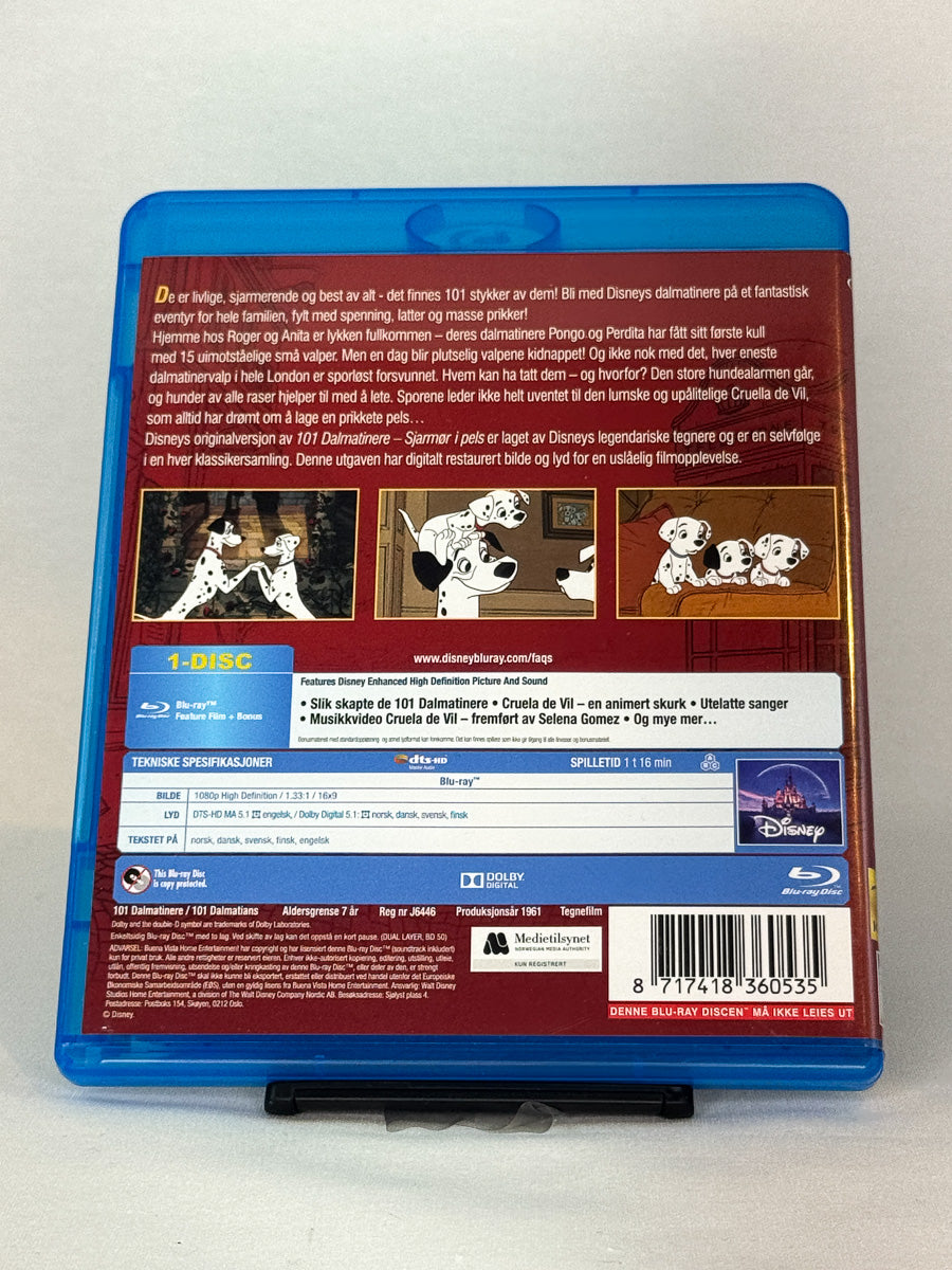 Bakside av Blu-ray-cover for 101 Dalmatinere – brukt Disney-klassiker på Blu-ray tilgjengelig hos Brukbar Film