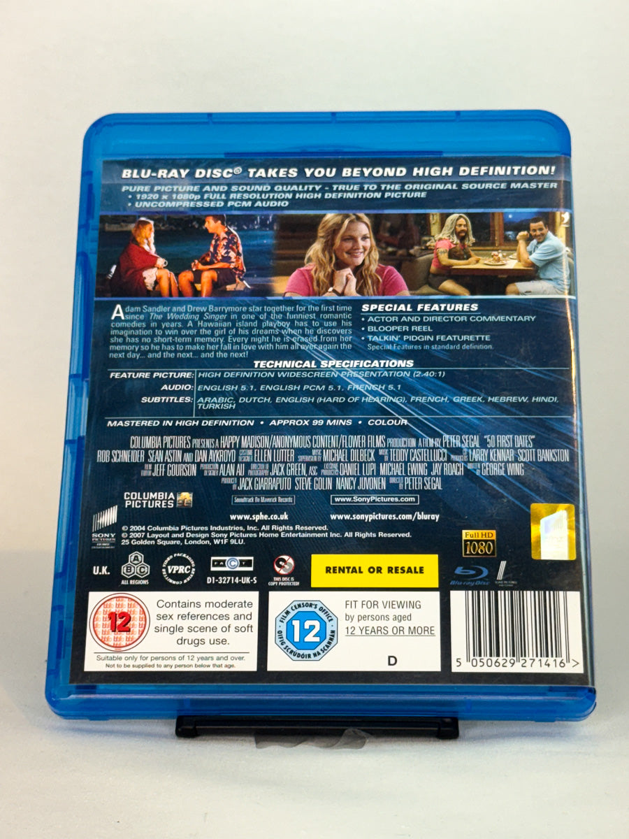 Bakside av Blu-ray-cover til 50 First Dates – brukt originalfilm på Blu-ray fra nettbutikken Brukbar Film