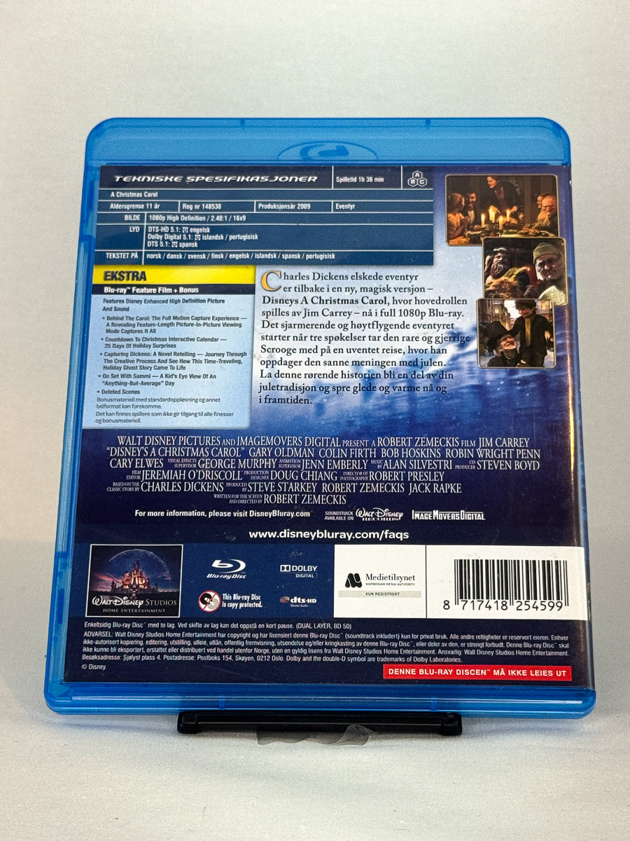 Bakside av Blu-ray-cover for A Christmas Carol (Jim Carrey) – brukt Disney Blu-ray med detaljer, hos Brukbar Film