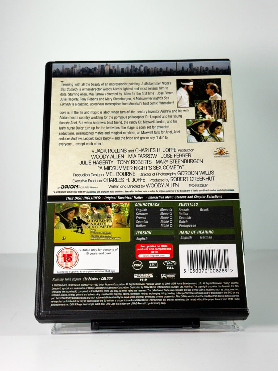 Bakside av cover til A Midsummer Night’s Sex Comedy, bruktfilm på DVD hos Brukbar Film