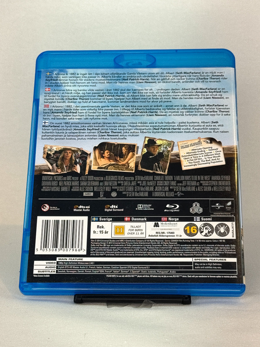 Bakside av Blu-ray-cover til komedien A Million Ways to Die in the West – original bruktfilm tilgjengelig hos Brukbar Film