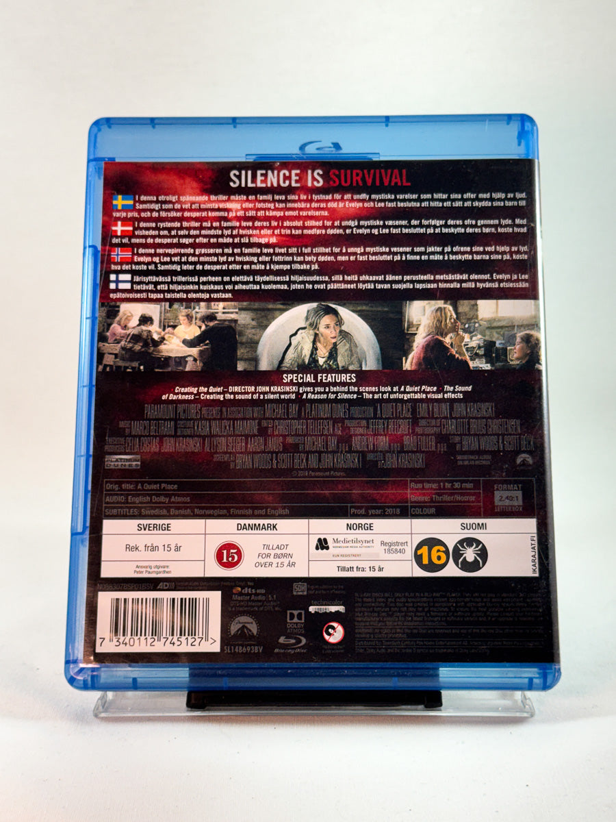 Bakside av cover til A Quiet Place, brukt Blu-ray-utgivelse hos Brukbar Film