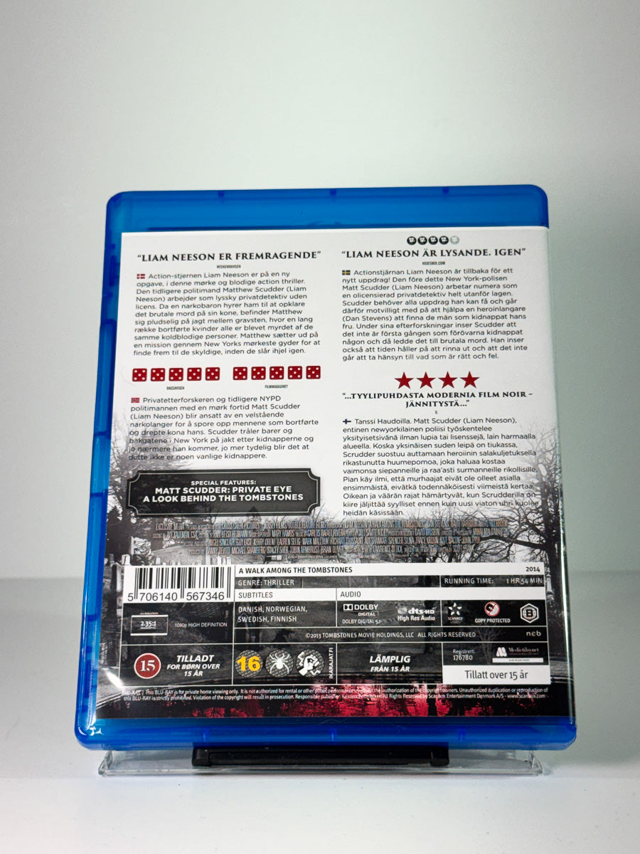 Bakside av cover til A Walk Among the Tombstones, brukt Blu-ray-utgivelse hos Brukbar Film