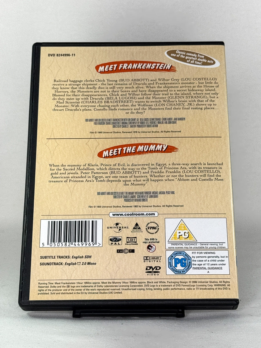DVD-bakside til filmen Abbott & Costello – Meet Frankenstein / Meet the Mummy
Baksiden viser info, spesifikasjoner og eventuell ekstratekst – produktbilde fra nettbutikken Brukbar Film