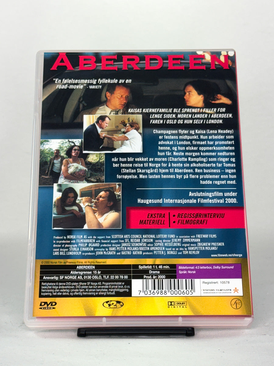 DVD-bakside til filmen Aberdeen
Baksiden viser info, spesifikasjoner og eventuell ekstratekst – produktbilde fra nettbutikken Brukbar Film