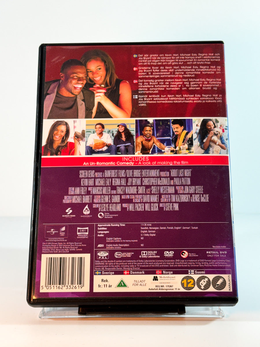 Bakside av cover til about last night, brukt original DVD hos Brukbar Film
