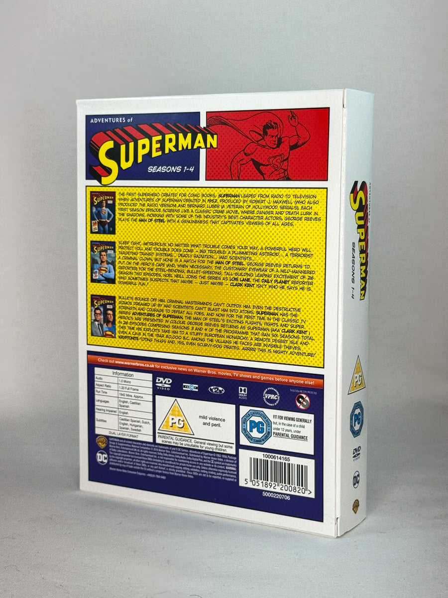 Bakside av DVD-coveret til Adventures of Superman – Seasons 1–4, med informasjon om innholdet i samleboksen og engelskspråklige spesifikasjoner, i brukte DVD-samlinger hos Brukbar Film.