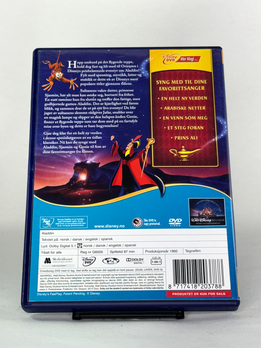 DVD-bakside til filmen Aladdin  Spesialutgave
Baksiden viser info, spesifikasjoner og eventuell ekstratekst – produktbilde fra nettbutikken Brukbar Film