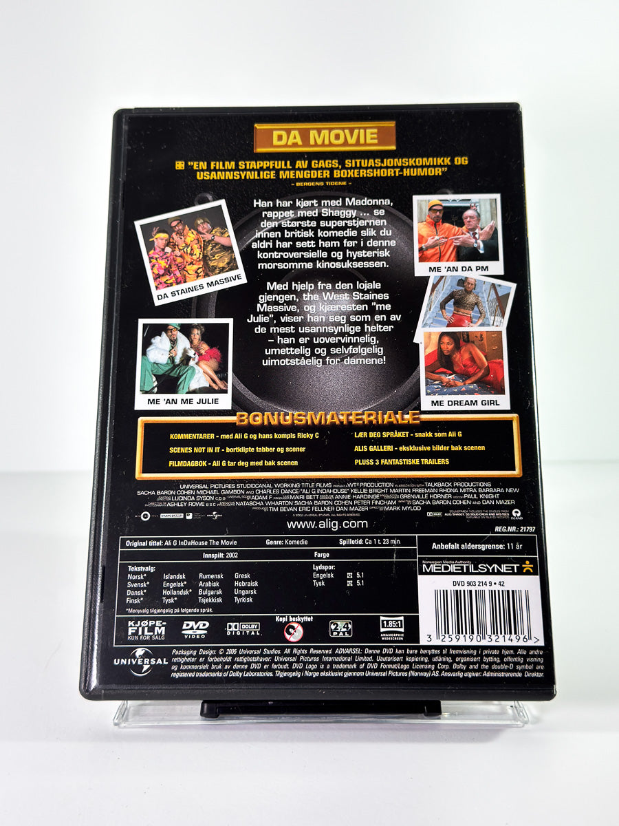 Bakside av cover til Ali G Indahouse The Movie, bruktfilm på DVD hos Brukbar Film