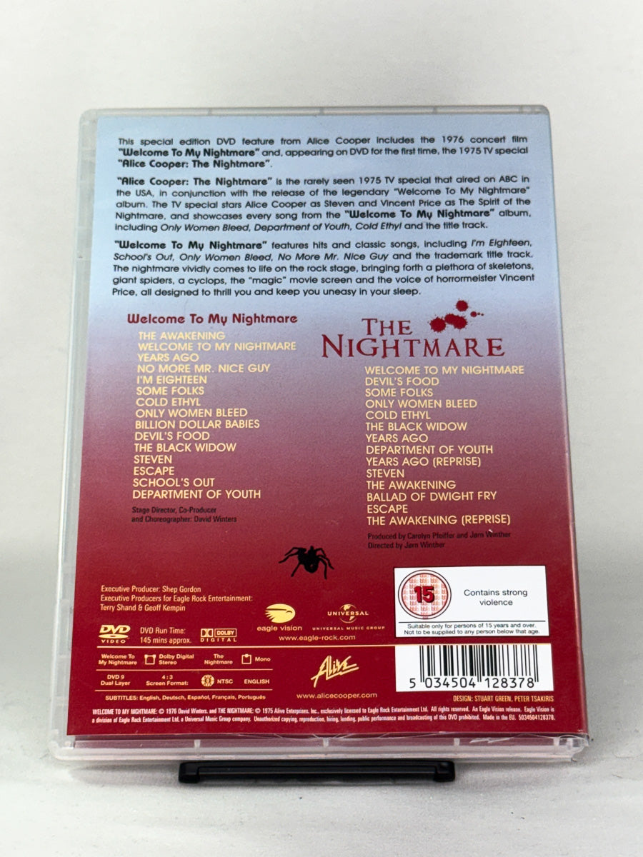 DVD-bakside til filmen Alice Cooper – Welcome to My Nightmare
Baksiden viser info, spesifikasjoner og eventuell ekstratekst – produktbilde fra nettbutikken Brukbar Film