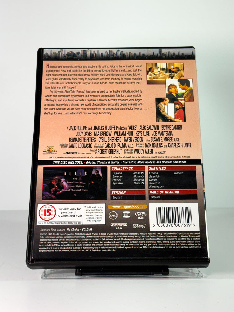 Bakside av cover til Alice, brukt original DVD hos Brukbar Film