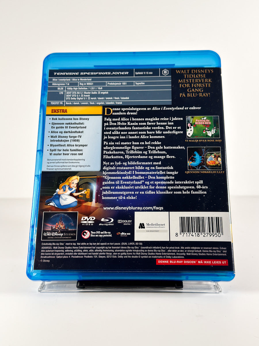 Bakside av cover til Alice i Eventyrland på Blu-ray