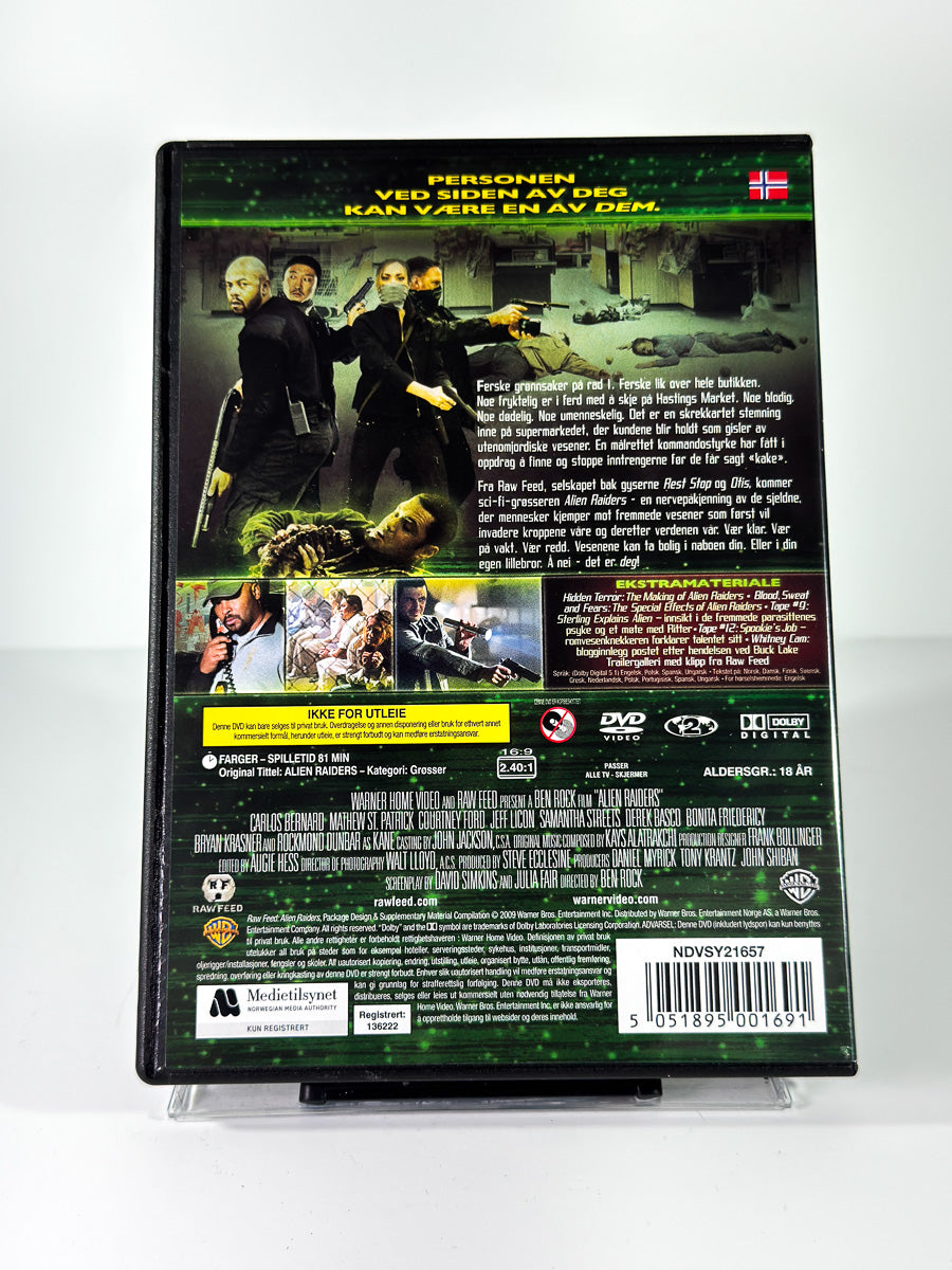 Bakside av cover til Alien Raiders, bruktfilm på DVD hos Brukbar Film