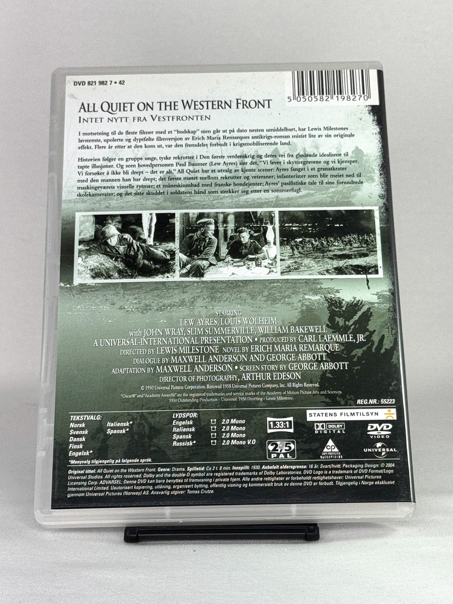 DVD-bakside til filmen All Quiet on the Western Front
Baksiden viser info, spesifikasjoner og eventuell ekstratekst – produktbilde fra nettbutikken Brukbar Film