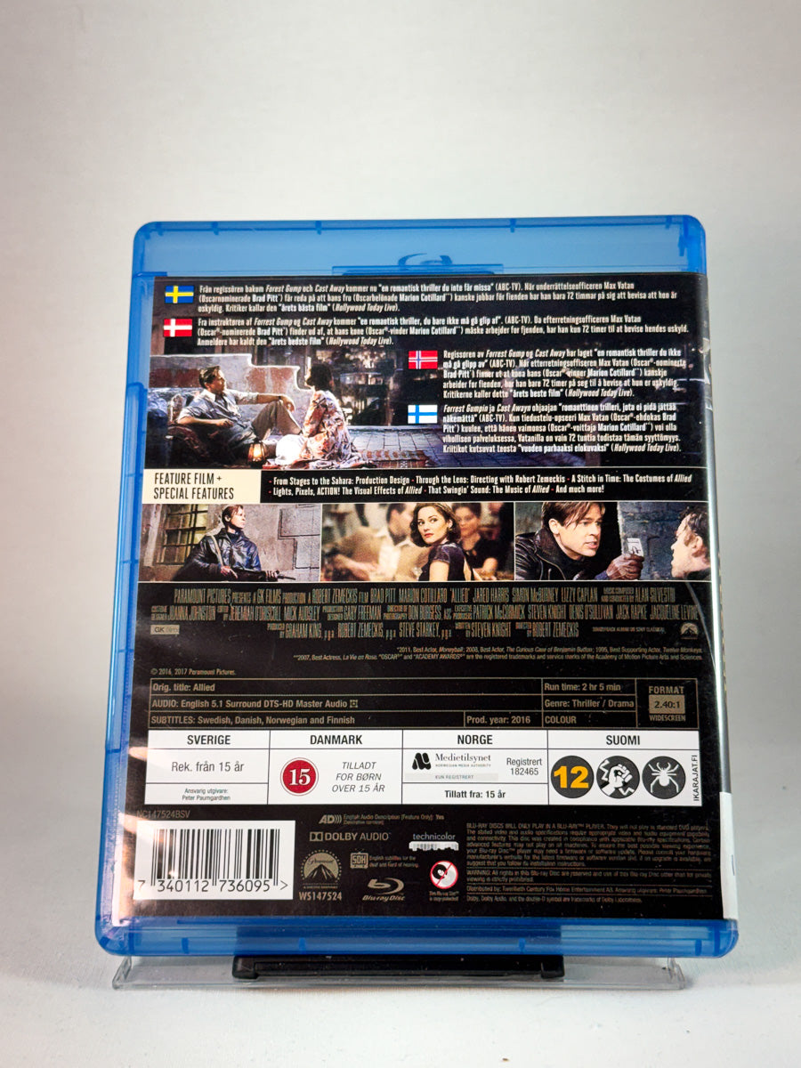 Bakside av cover til Allied, brukt original Blu-ray hos Brukbar Film