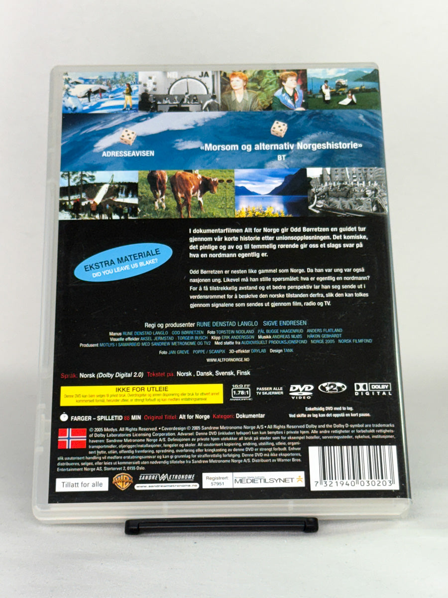 DVD-bakside til filmen Alt for Norge
Baksiden viser info, spesifikasjoner og eventuell ekstratekst – produktbilde fra nettbutikken Brukbar Film