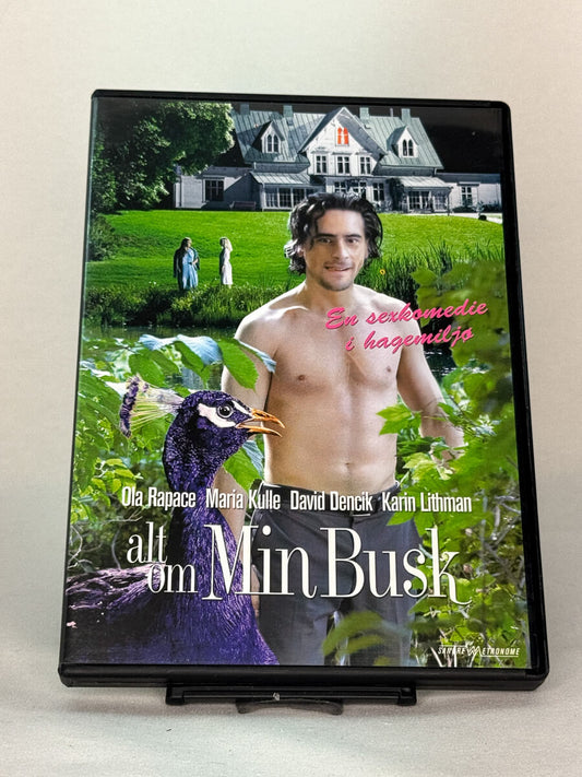 Forside av DVD-cover til Alt om min busk, svensk sexkomedie i hagemiljø – brukte filmer hos Brukbar Film