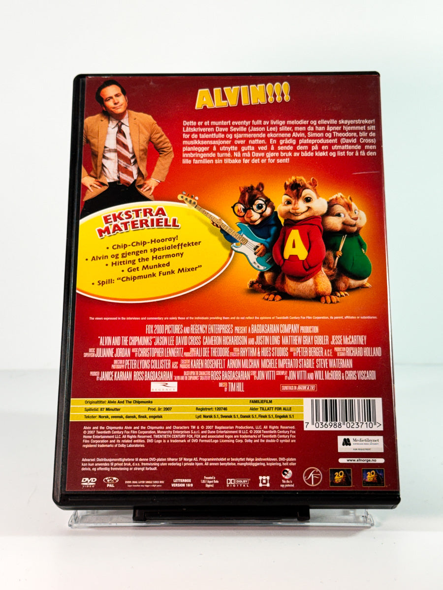 Bakside av cover til alvin og gjengen her kommer trobbel, brukt DVD hos Brukbar Film