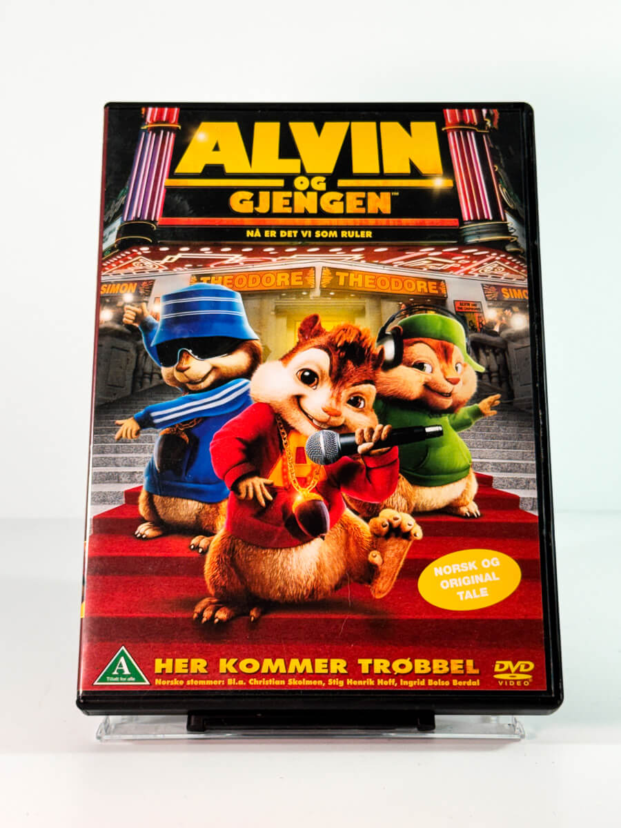 Forside av cover til alvin og gjengen her kommer trobbel, bruktfilm hos nettbutikken Brukbar Film