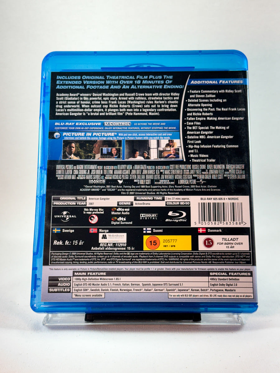 Bakside av cover til American Gangster, bruktfilm hos nettbutikken Brukbar Film