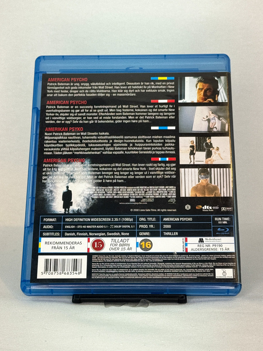 Bakside av Blu-ray-cover for American Psycho (Uncut Version) – brukt original Blu-ray thriller fra Brukbar Film