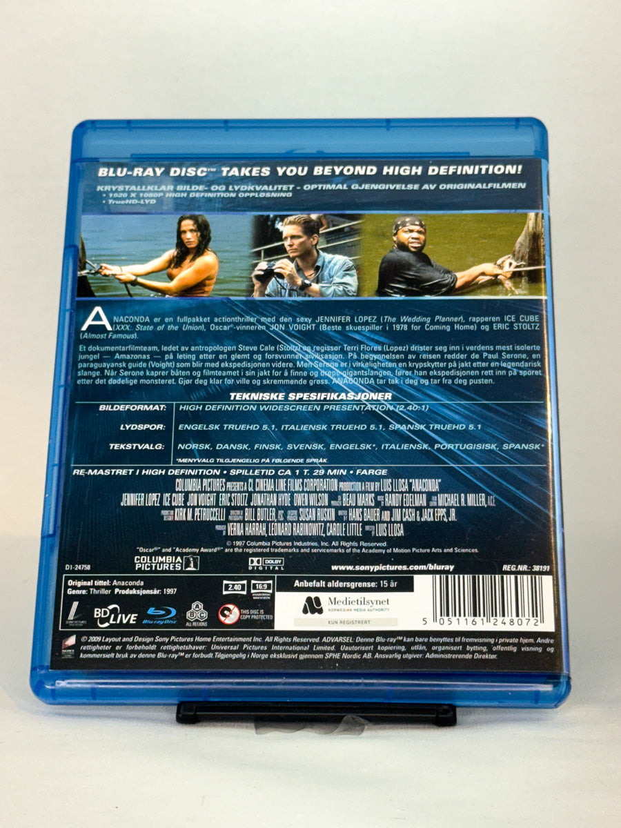Bakside av Blu-ray-cover til Anaconda – informasjon om den populære kult-thrilleren, brukt Blu-ray fra Brukbar Film