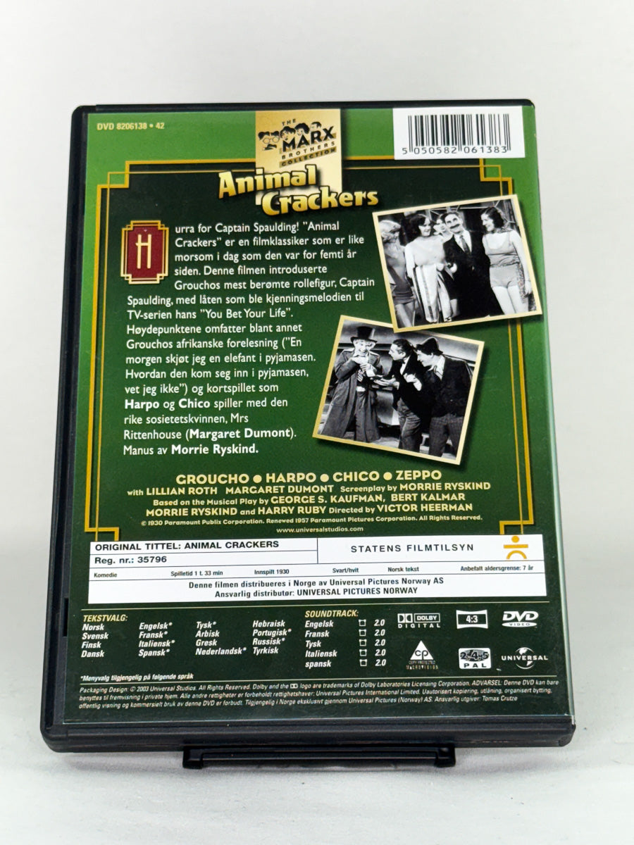 DVD-bakside til filmen Animal Crackers
Baksiden viser info, spesifikasjoner og eventuell ekstratekst – produktbilde fra nettbutikken Brukbar Film