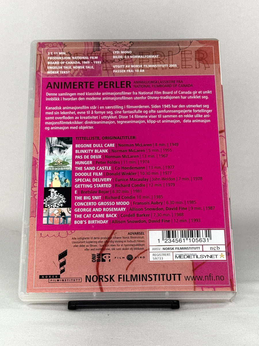 DVD-bakside til filmen Animerte perler
Baksiden viser info, spesifikasjoner og eventuell ekstratekst – produktbilde fra nettbutikken Brukbar Film