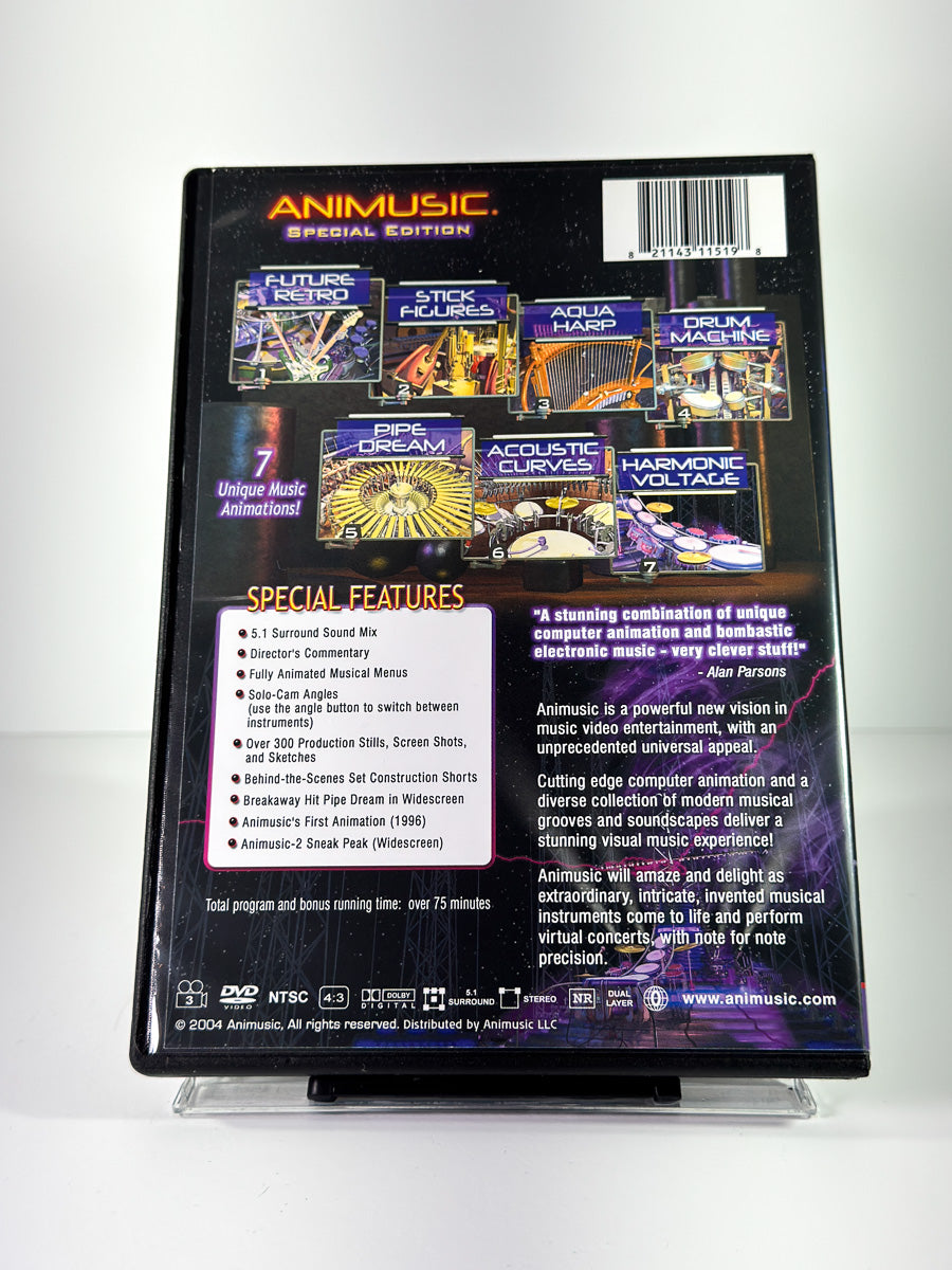 Bakside av cover til Animusic: A Computer Animation Video Album, bruktfilm på DVD hos Brukbar Film