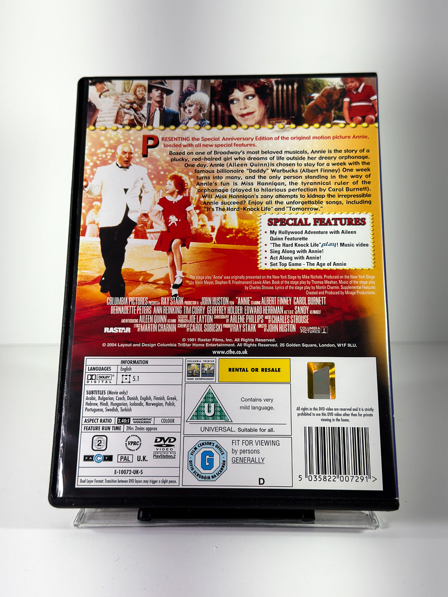 Bakside av cover til Annie, bruktfilm på DVD hos Brukbar Film
