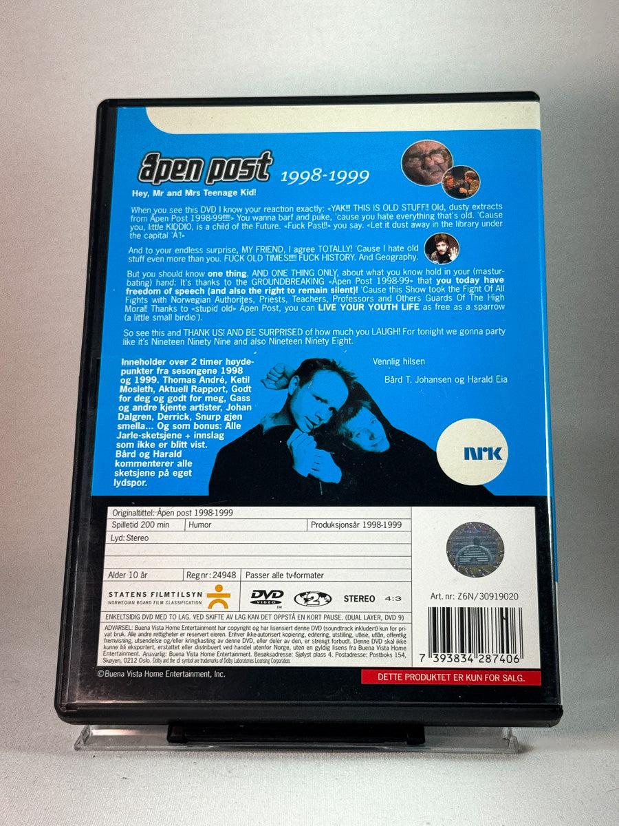 Bakside av cover til Åpen Post 1998–1999, bruktfilm på DVD hos Brukbar Film