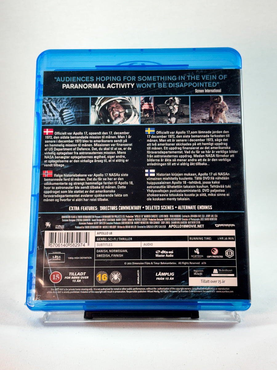 Apollo 18 – bakside av Blu-ray-cover, klaustrofobisk science fiction-thriller, bruktfilm hos Brukbar Film
